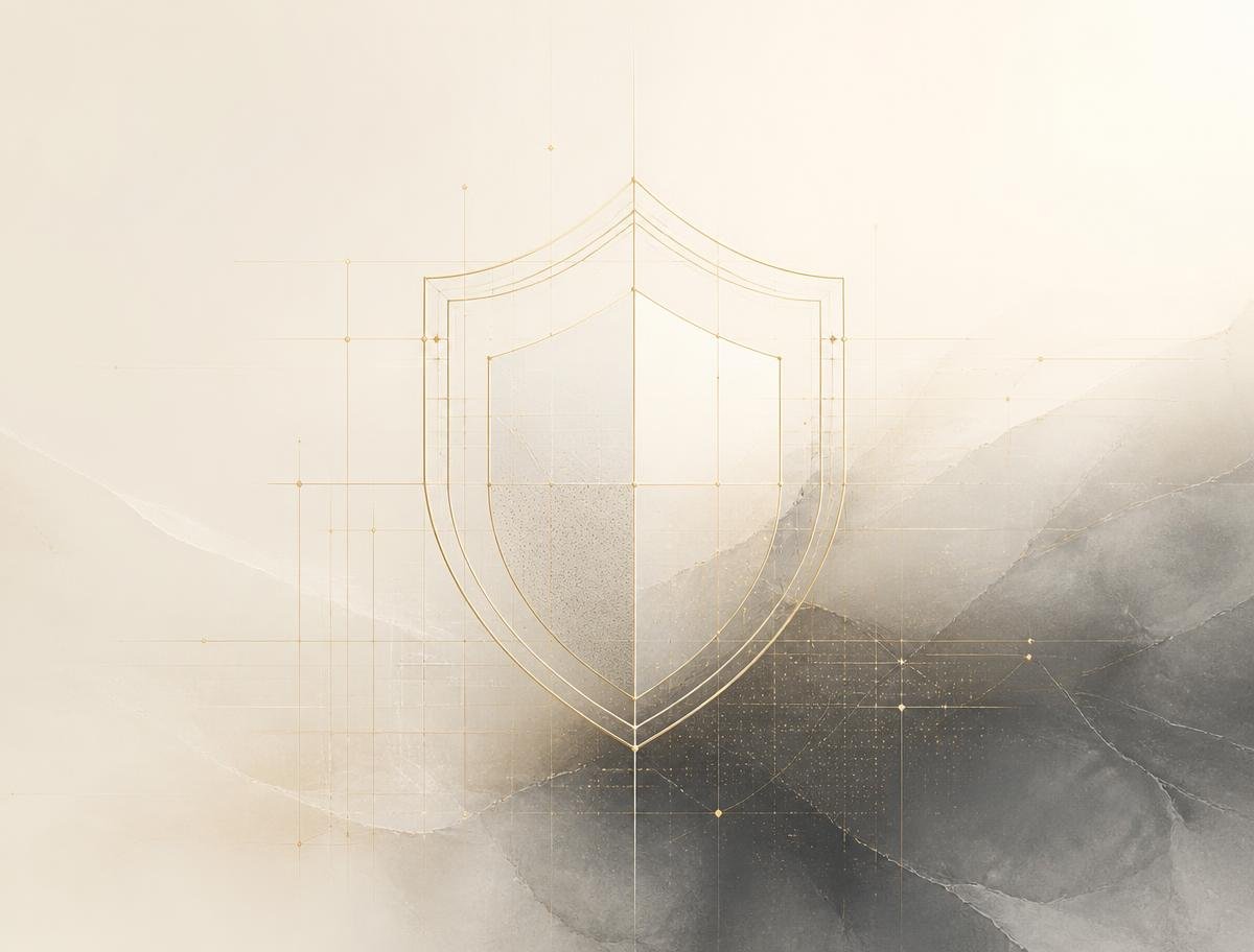 Ilustração abstrata de um escudo em linhas douradas representando a proteção de informações